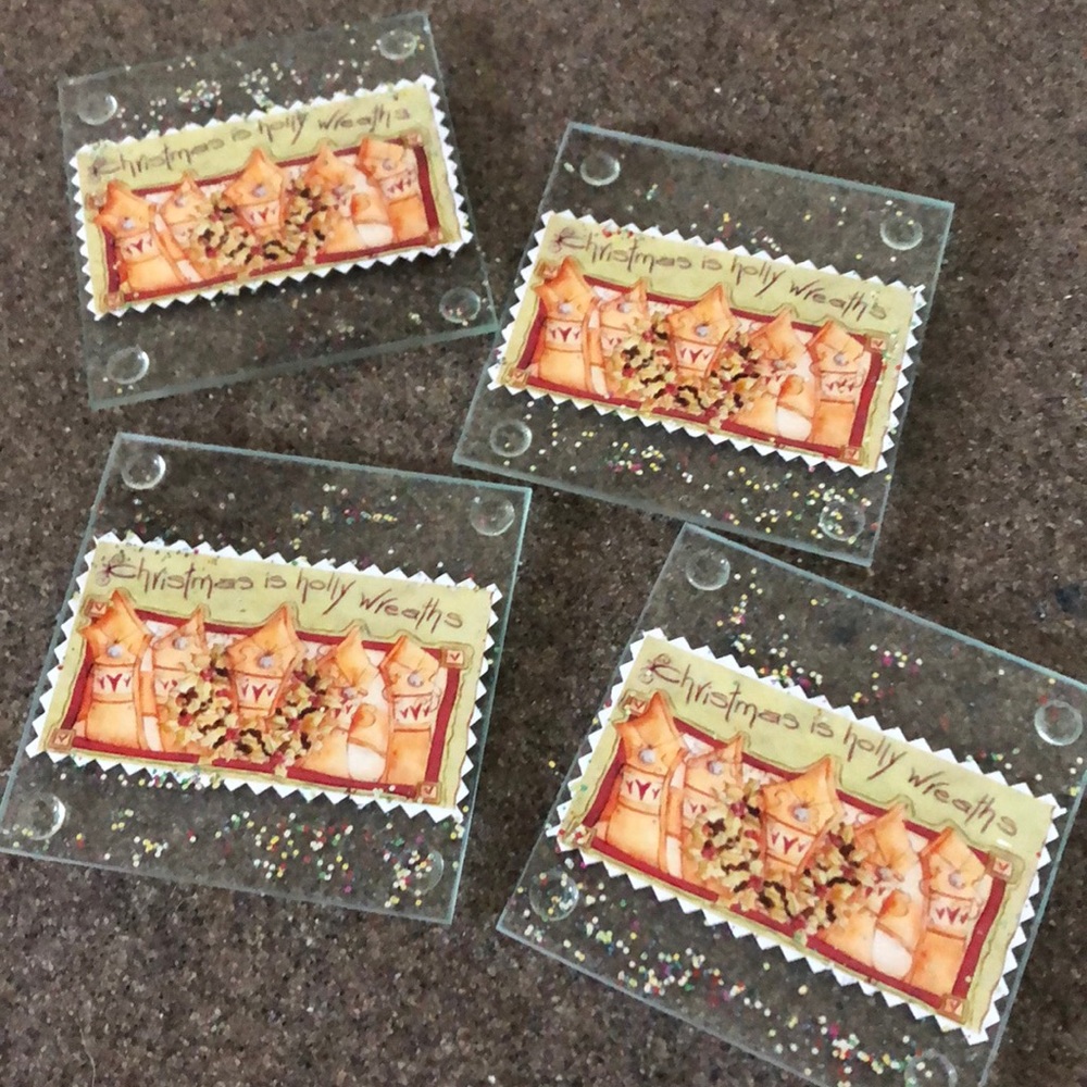 Glass Coasters 4/Set CHRISTMAS IS HOLLY WREATHS